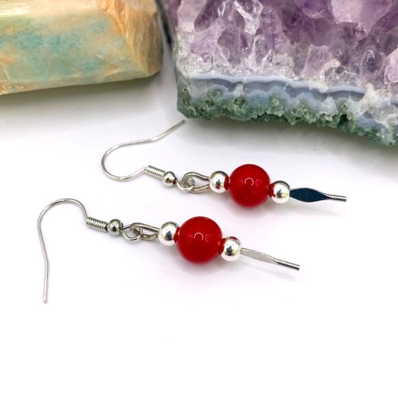 Red Coral Bead Dangle Handmade Pierced Earrings LR161 - Picture 1 of 5